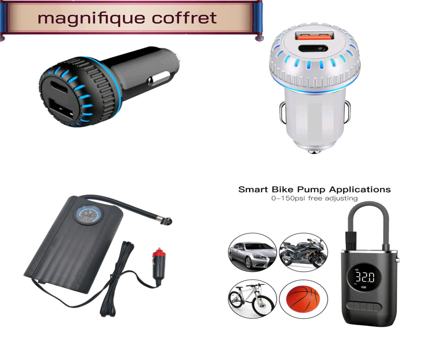 Magnifique coffret de 2 compresseurs d'air électriques et de 1 chargeur de voiture