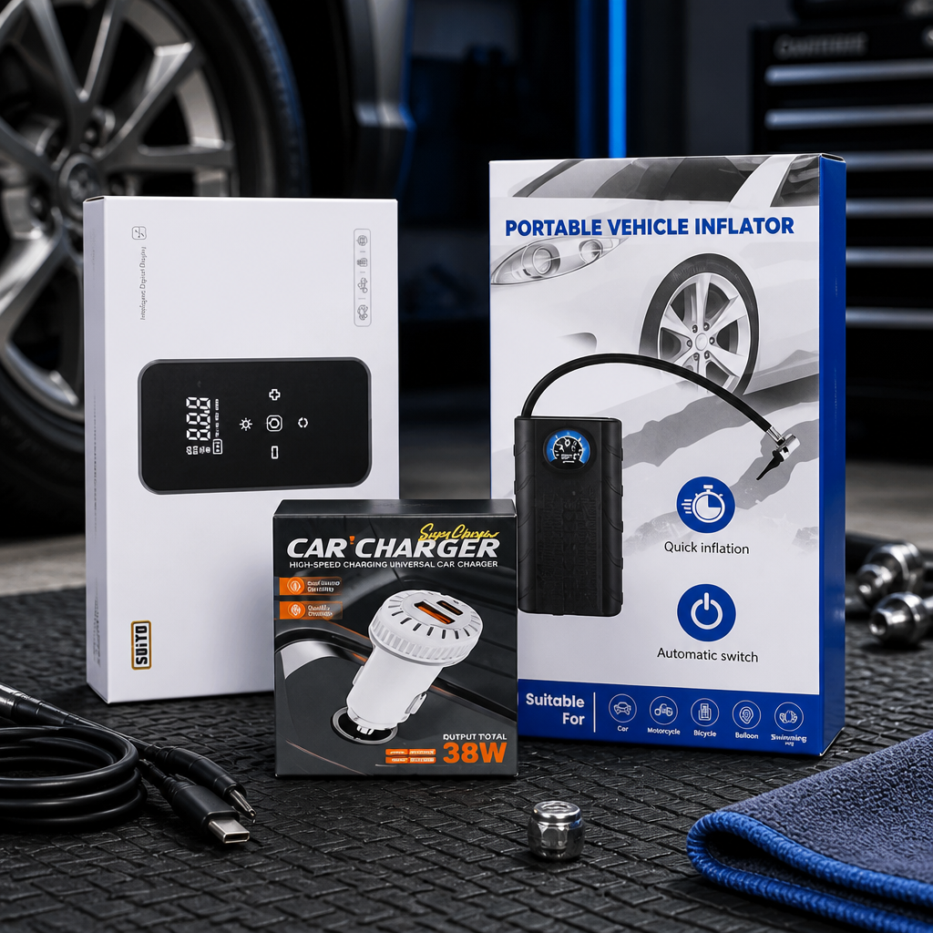 Coffret de 2 compresseurs d'air électriques numériques et de 1 chargeur pour voiture