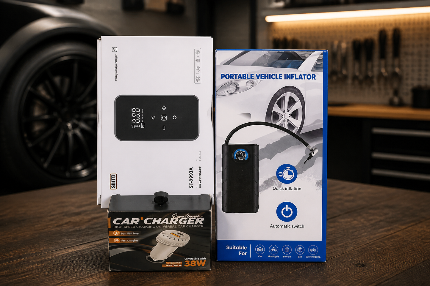Coffret de 2 compresseurs d'air électriques numériques et de 1 chargeur pour voiture