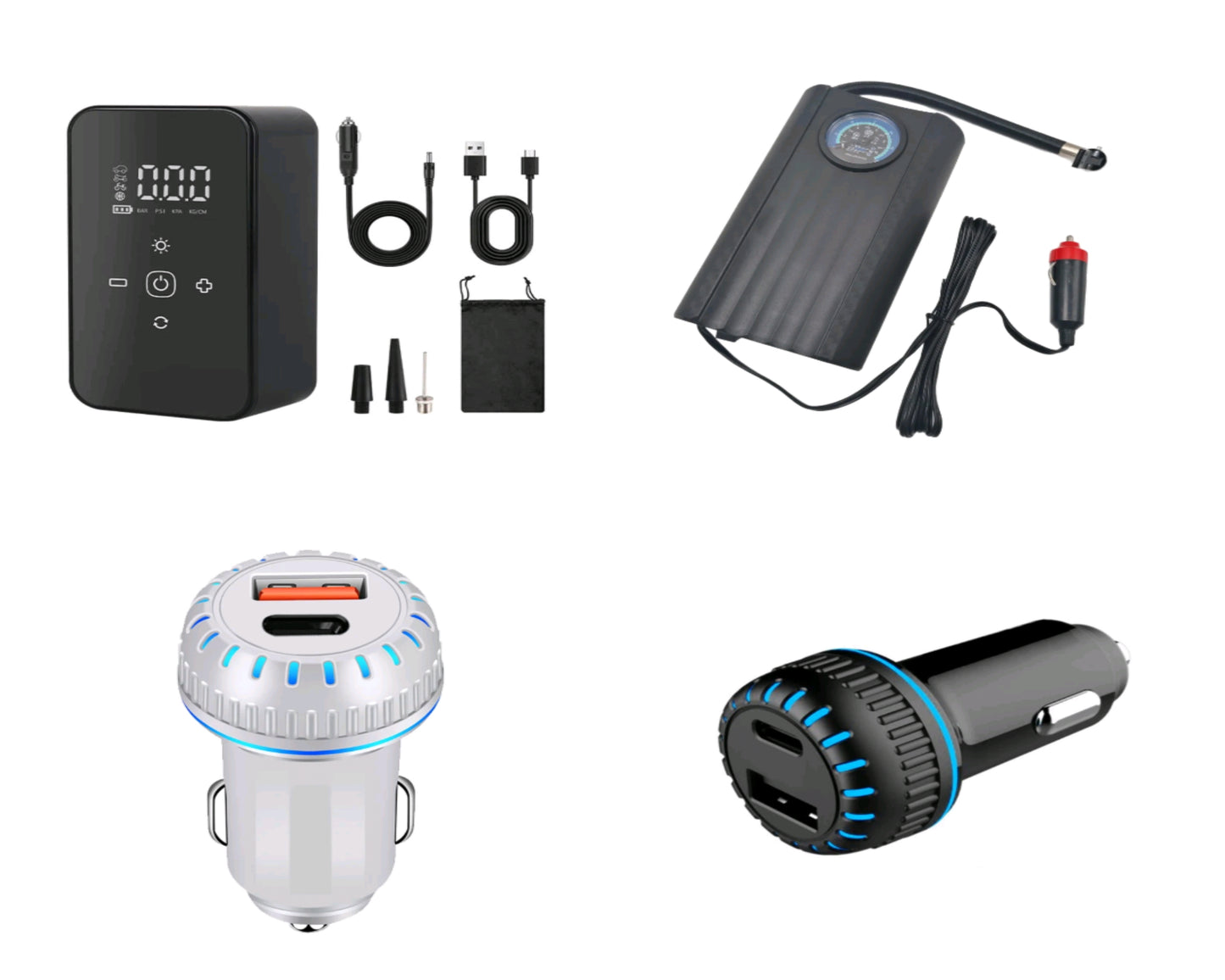Coffret de 2 compresseurs d'air électriques numériques et de 1 chargeur pour voiture