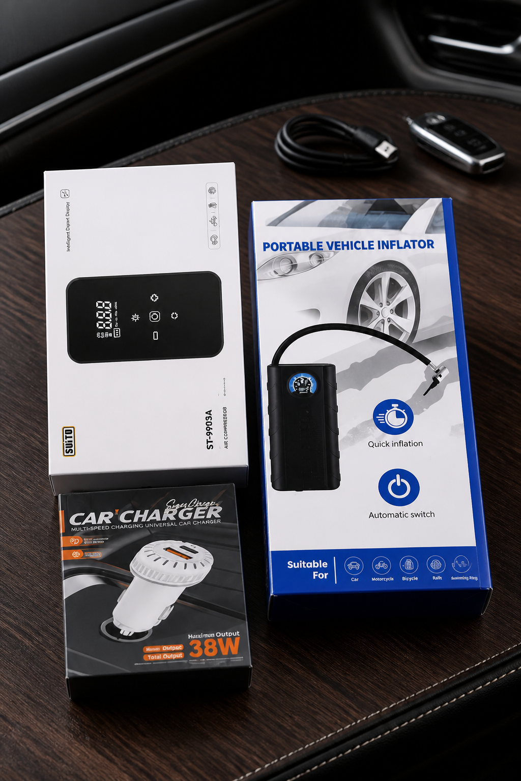 Coffret de 2 compresseurs d'air électriques numériques et de 1 chargeur pour voiture